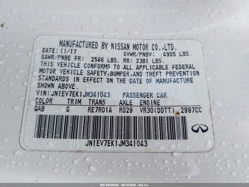 2018 Infiniti Q60 3.0T Luxe VIN: JN1EV7EK1JM341043 Lot: 45339354