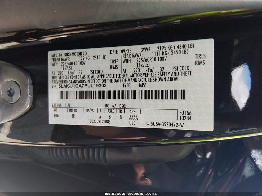 2023 Lincoln Corsair Standard VIN: 5LMCJ1CA7PUL19203 Lot: 45339356