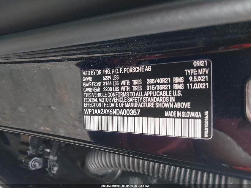 PORSCHE CAYENNE 2022 VIN WP1AA2AY6NDA00357