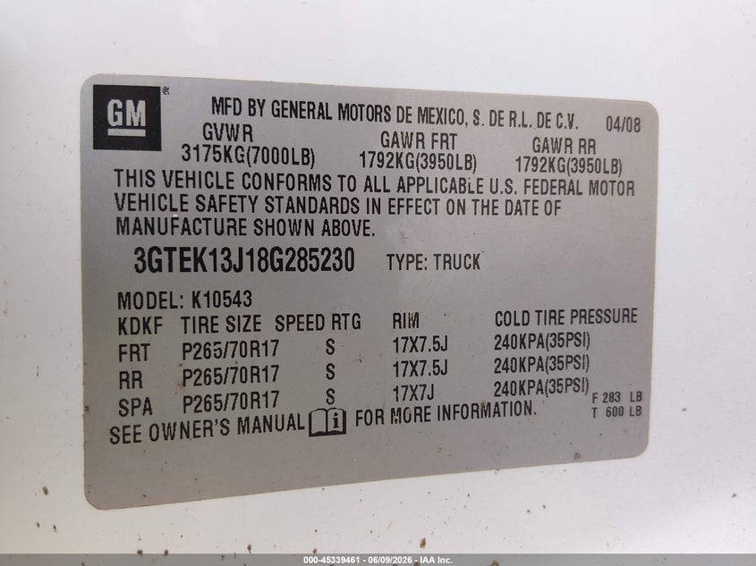 2008 GMC Sierra 1500 Sle1 VIN: 3GTEK13J18G285230 Lot: 45339461