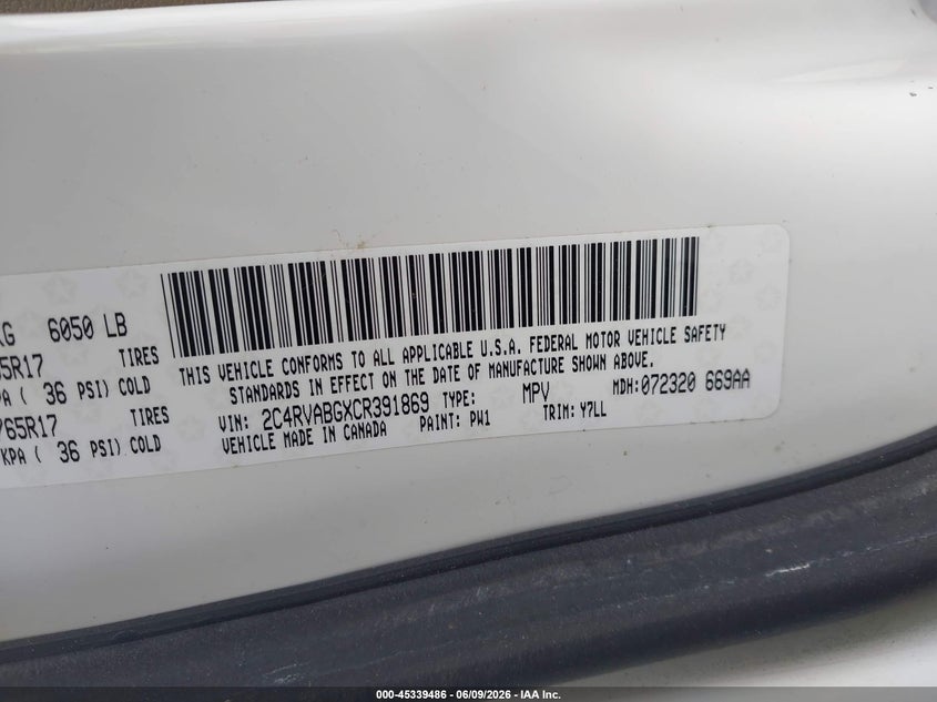 2012 Volkswagen Routan Se VIN: 2C4RVABGXCR391869 Lot: 45339486