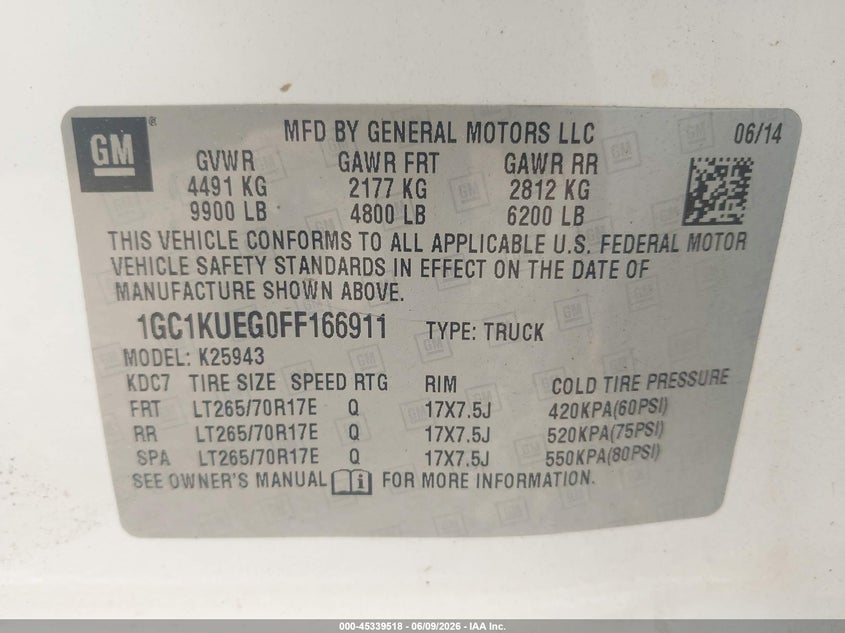 CHEVROLET SILVERADO 2500HD 2015 VIN 1GC1KUEG0FF166911