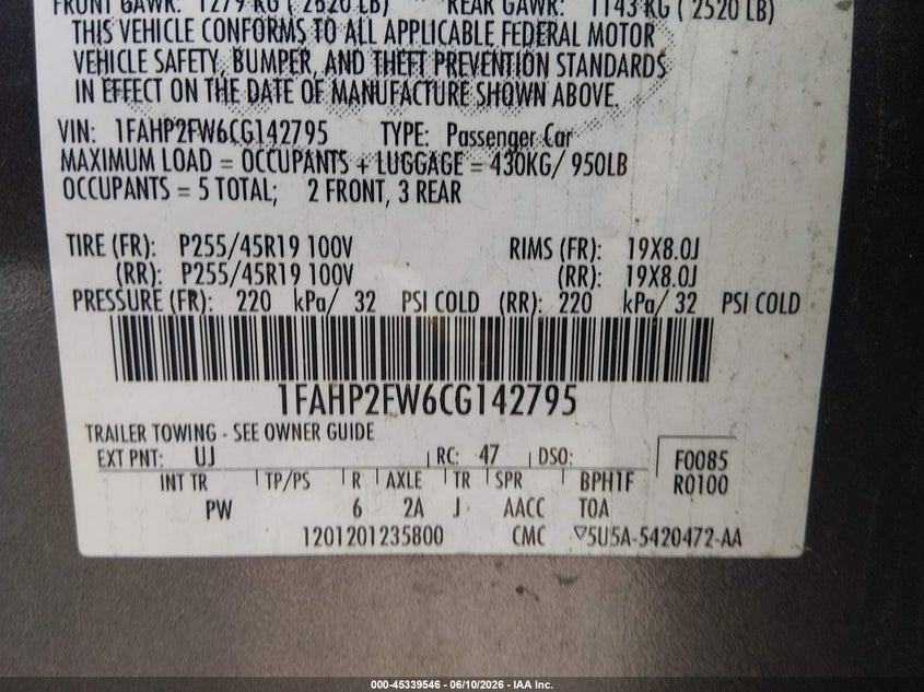 2012 Ford Taurus Limited VIN: 1FAHP2FW6CG142795 Lot: 45339546