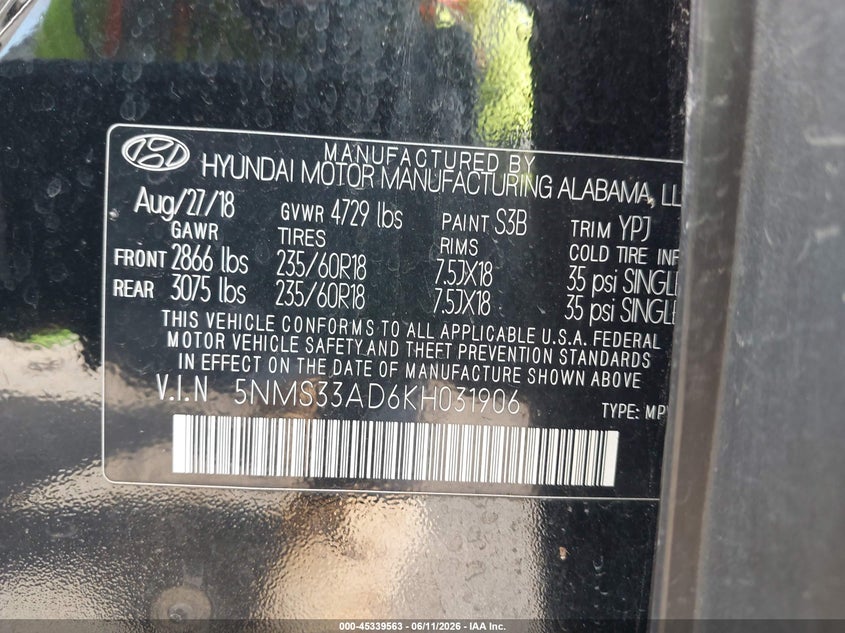 2019 Hyundai Santa Fe Sel Plus VIN: 5NMS33AD6KH031906 Lot: 45339563