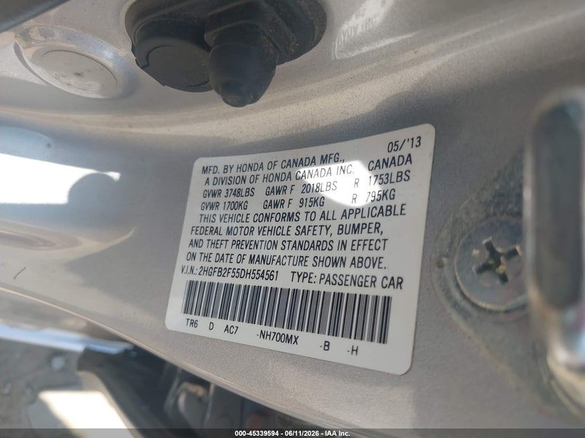 2013 HONDA CIVIC SEDAN 1.8L I-4 VVT, 140HP
