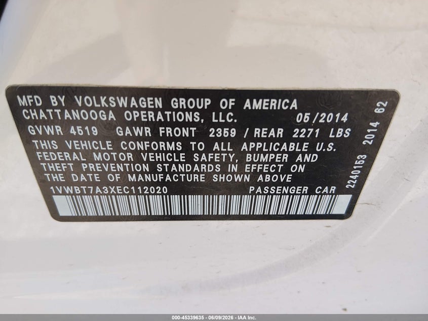 2014 Volkswagen Passat 1.8T Se VIN: 1VWBT7A3XEC112020 Lot: 45339635