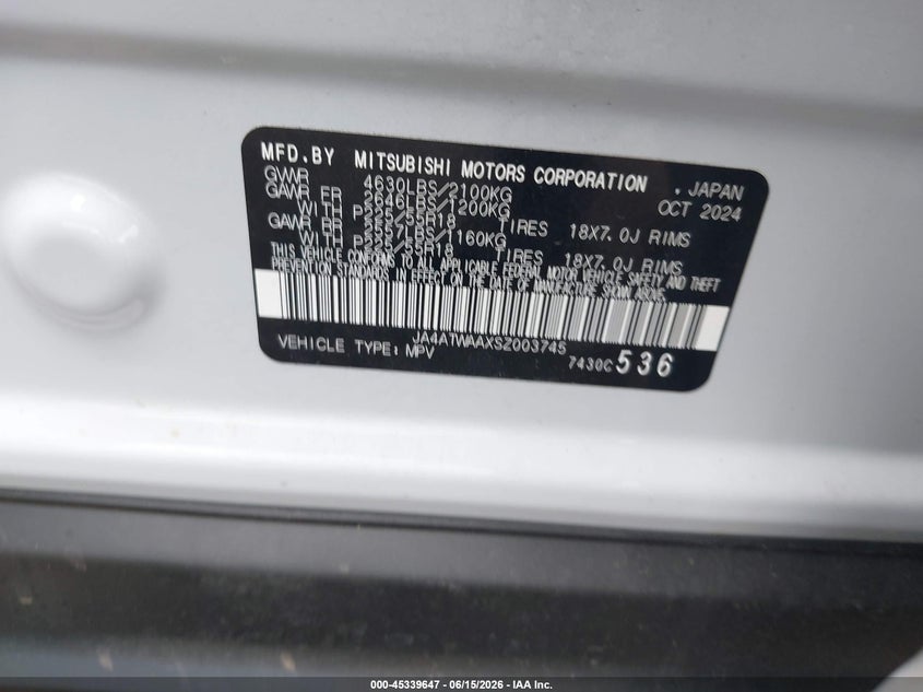 2025 Mitsubishi Eclipse Cross Se S-Awc VIN: JA4ATWAAXSZ003745 Lot: 45339647