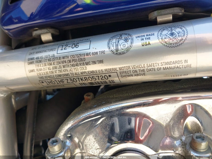 2007 Harley-Davidson Vrsca VIN: 1HD1HFZ307K805720 Lot: 45339711