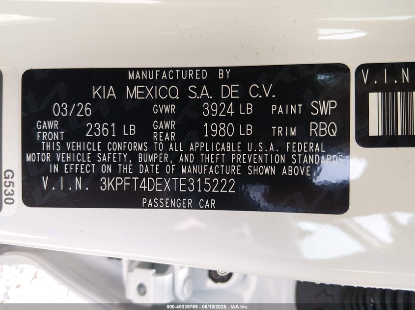 VIN 3KPFT4DEXTE315222 2026 KIA K4 LX