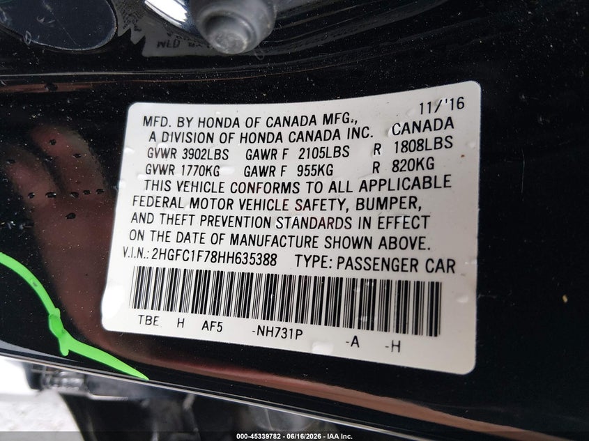 VIN 2HGFC1F78HH635388 2017 HONDA CIVIC EX-L