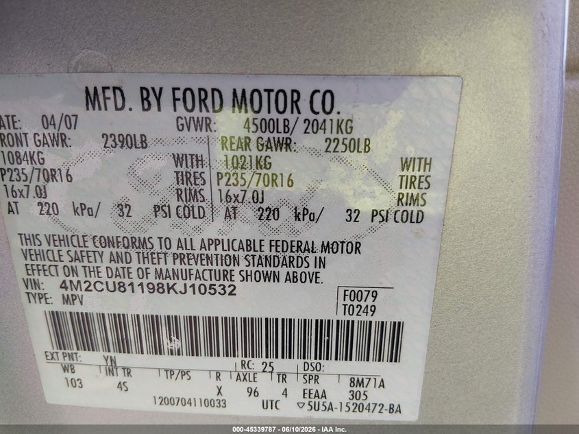2008 Mercury Mariner V6 VIN: 4M2CU81198KJ10532 Lot: 45339787