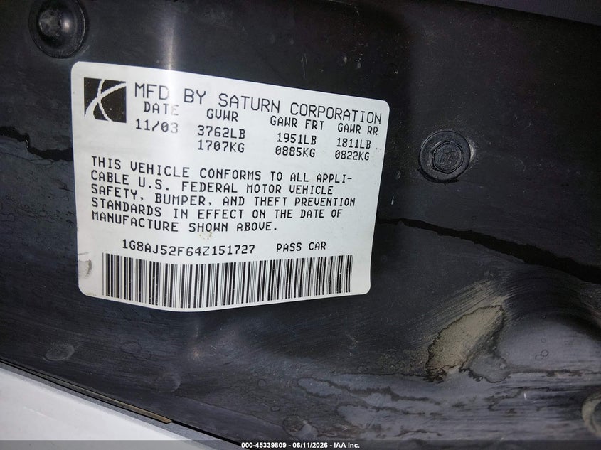 2004 Saturn Ion Ion 2 VIN: 1G8AJ52F64Z151727 Lot: 45339809