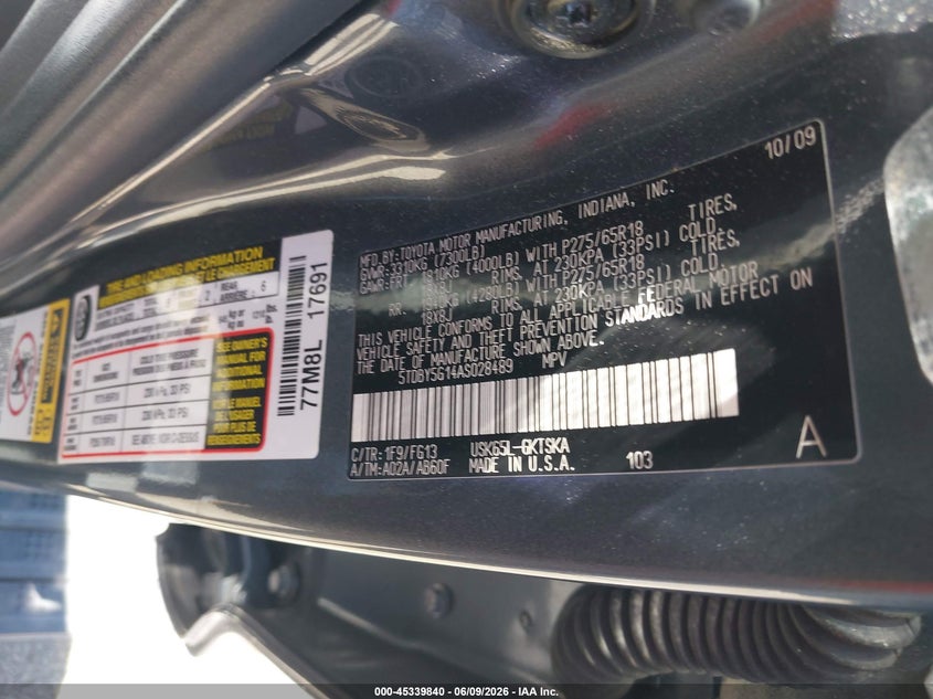 2010 Toyota Sequoia Sr5 5.7L V8 VIN: 5TDBY5G14AS028489 Lot: 45339840