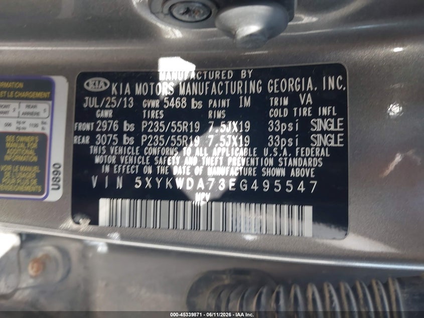 2014 Kia Sorento Limited V6 VIN: 5XYKWDA73EG495547 Lot: 45339871