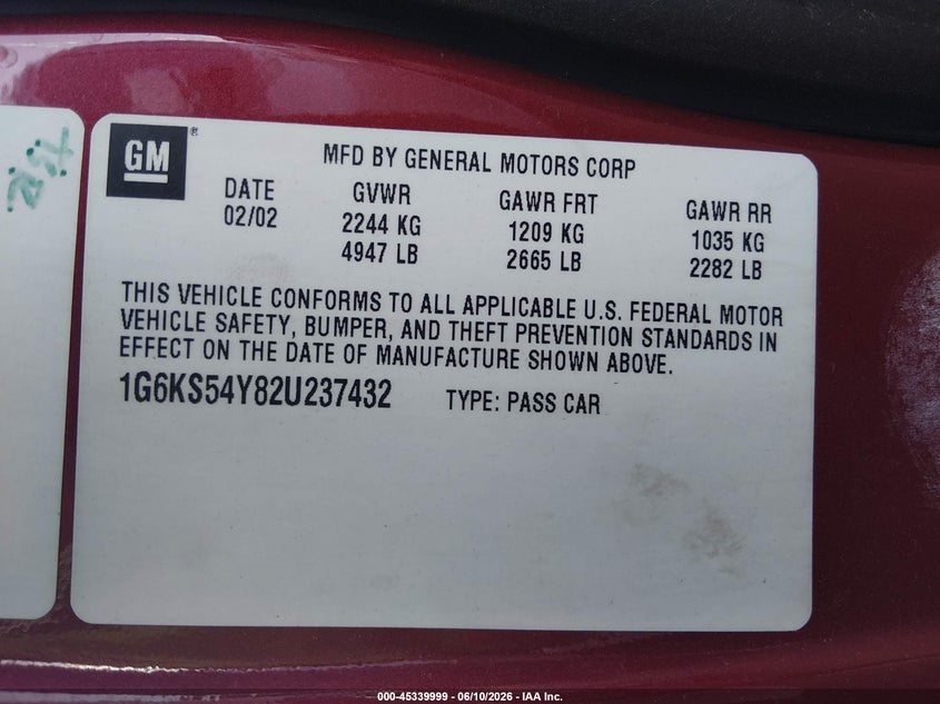 2002 Cadillac Seville Sls VIN: 1G6KS54Y82U237432 Lot: 45339999