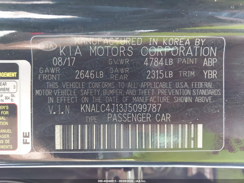 2018 Kia Cadenza Limited VIN: KNALC4J13J5099787 Lot: 45340013