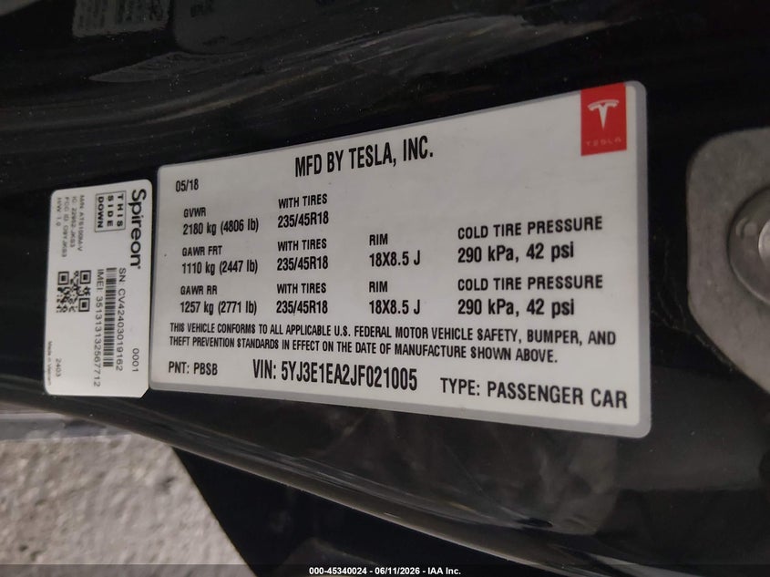 TESLA MODEL 3 2018 VIN 5YJ3E1EA2JF021005