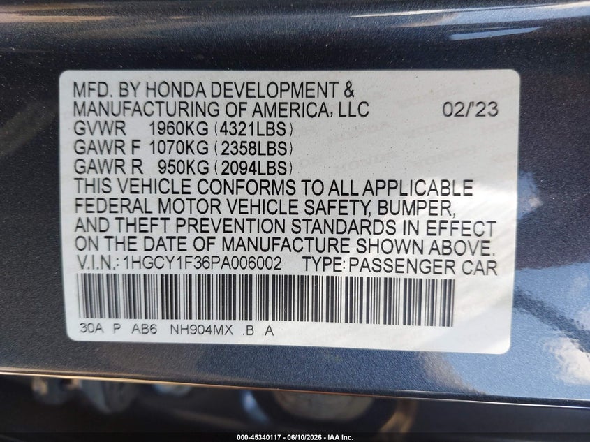 VIN 1HGCY1F36PA006002 2023 HONDA ACCORD EX