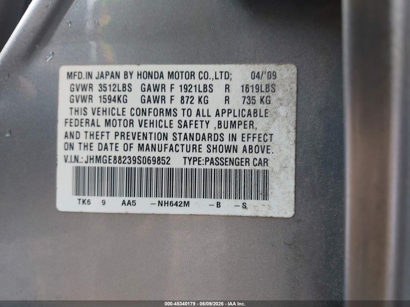2009 Honda Fit VIN: JHMGE88239S069852 Lot: 45340179