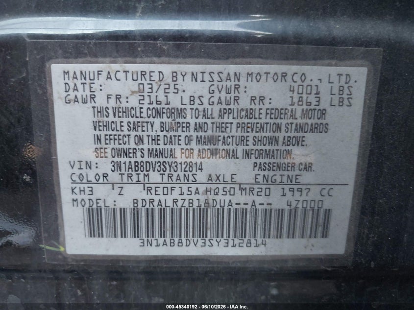 VIN 3N1AB8DV3SY312814 2025 NISSAN SENTRA SR