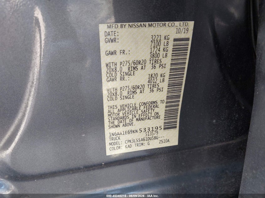 2019 Nissan Titan Sv VIN: 1N6AA1E69KN533195 Lot: 45340216