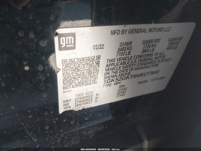 GMC YUKON XL 2022 VIN 1GKS2GKT5NR177640