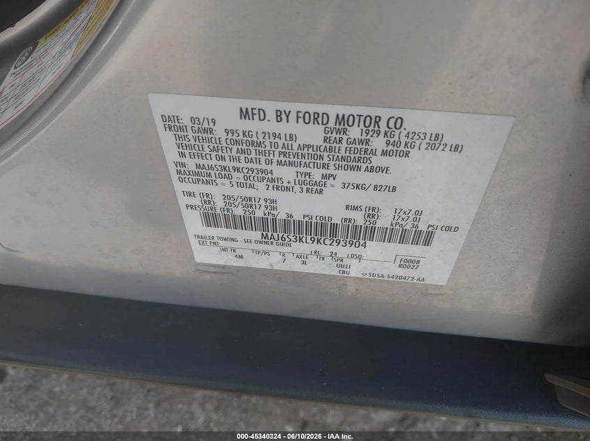 2019 Ford Ecosport Titanium VIN: MAJ6S3KL9KC293904 Lot: 45340324