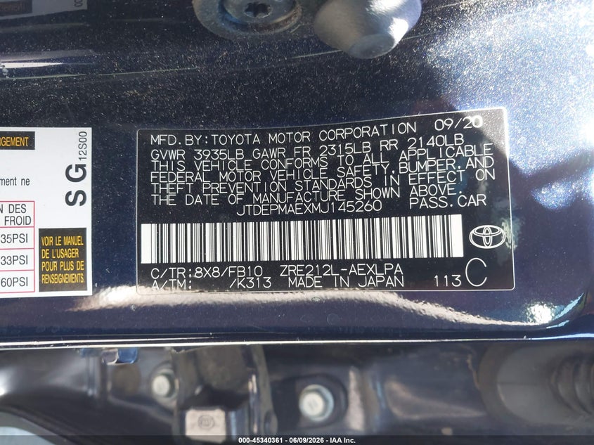 VIN JTDEPMAEXMJ145260 2021 TOYOTA COROLLA LE