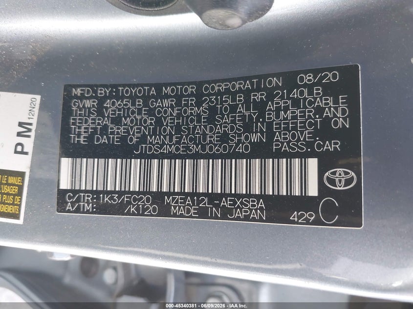 VIN JTDS4MCE3MJ060740 2021 TOYOTA COROLLA SE