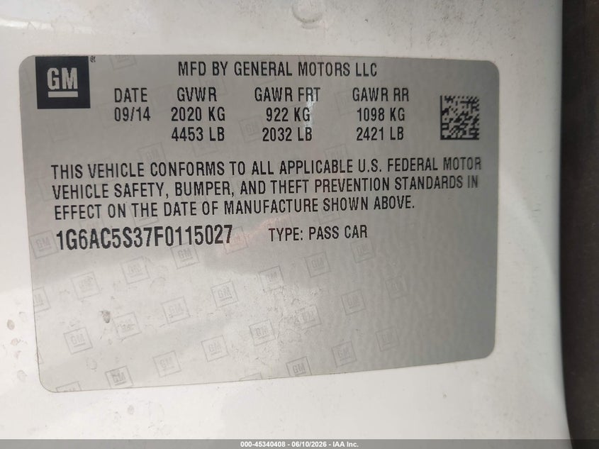 2015 Cadillac Ats Performance VIN: 1G6AC5S37F0115027 Lot: 45340408