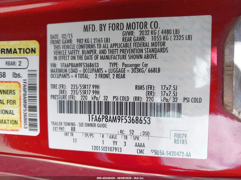 2015 Ford Mustang V6 VIN: 1FA6P8AM9F5368653 Lot: 45340426