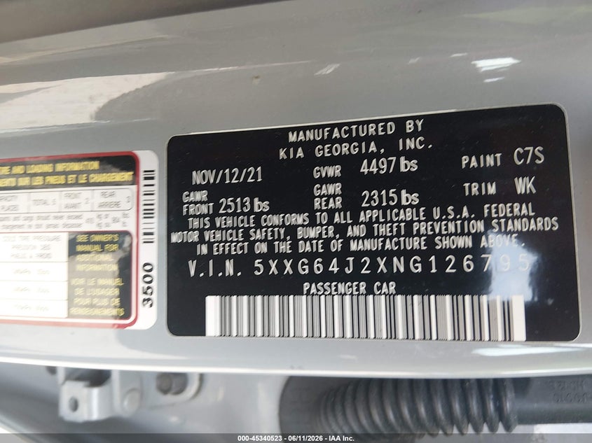 2022 Kia K5 Gt-Line VIN: 5XXG64J2XNG126795 Lot: 45340523
