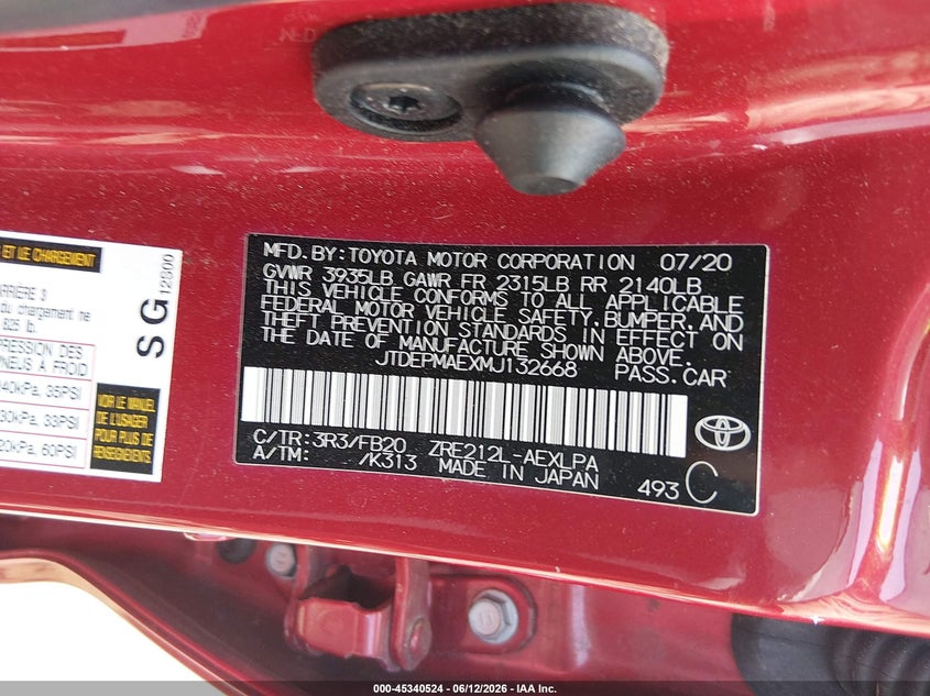 2021 TOYOTA COROLLA 1.8L I-4 DOHC, VVT, (VIN: JTDEPMAEXMJ132668