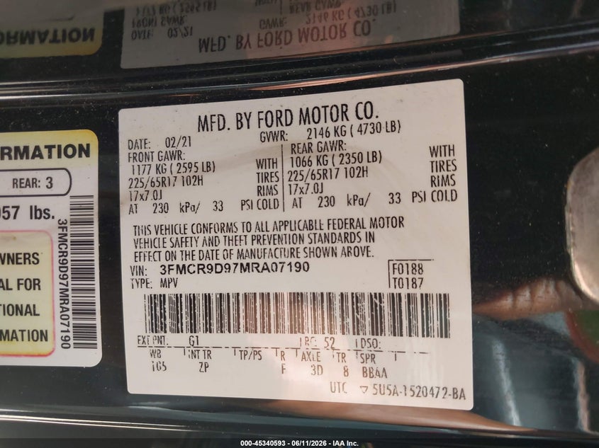2021 Ford Bronco Sport Badlands VIN: 3FMCR9D97MRA07190 Lot: 45340593
