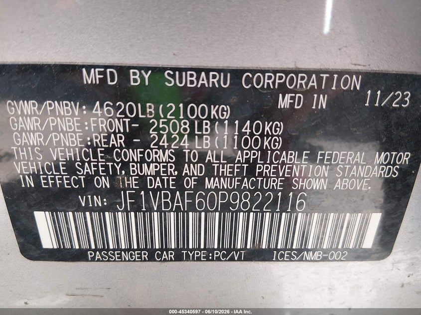 2023 Subaru Wrx Premium VIN: JF1VBAF60P9822116 Lot: 45340597