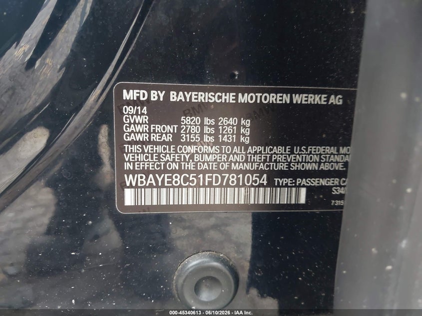 2015 BMW 750Li VIN: WBAYE8C51FD781054 Lot: 45340613