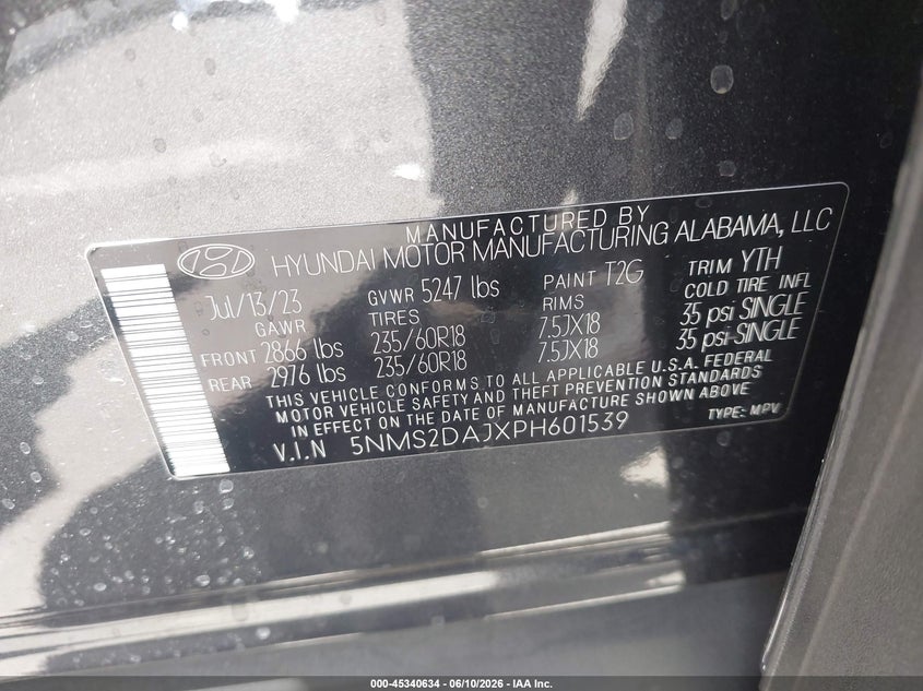 2023 HYUNDAI SANTA FE 2.5L I-4 DI, DOHC, V(VIN: 5NMS2DAJXPH601539