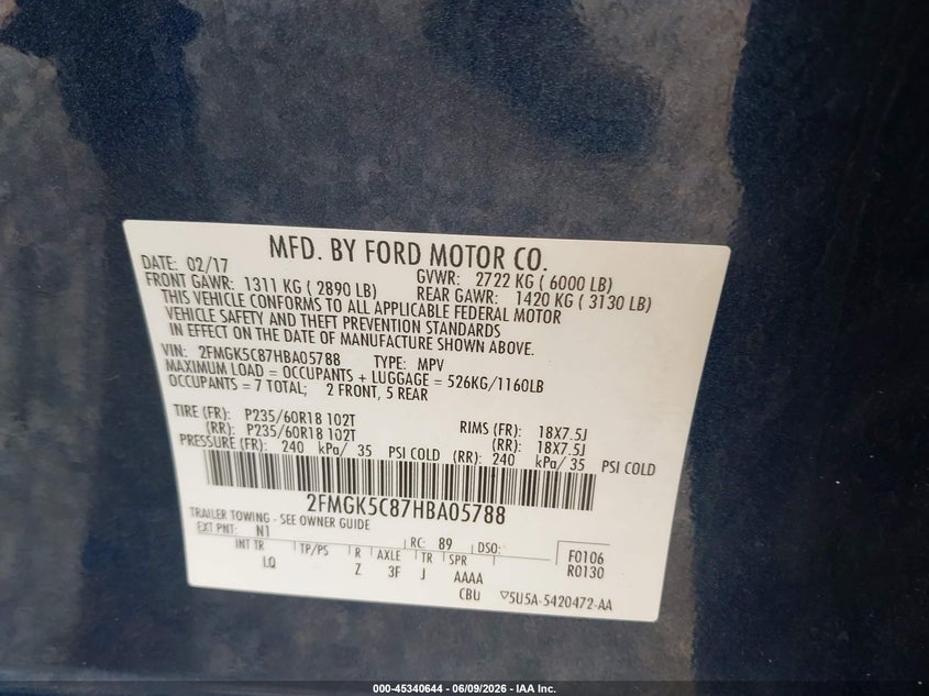 2017 Ford Flex Sel VIN: 2FMGK5C87HBA05788 Lot: 45340644