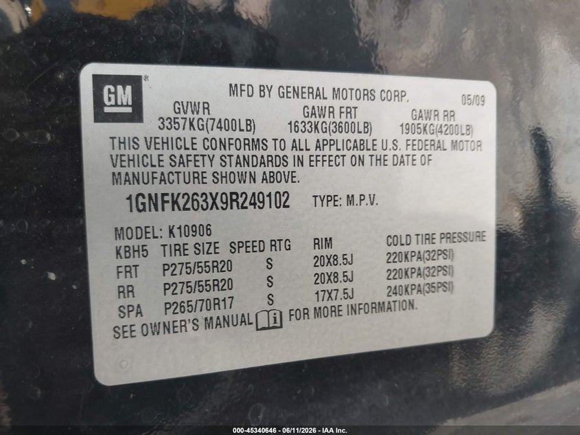 2009 CHEVROLET EXPRESS SPORT UTILITY VEHICLE 5.3L V-8 310HP