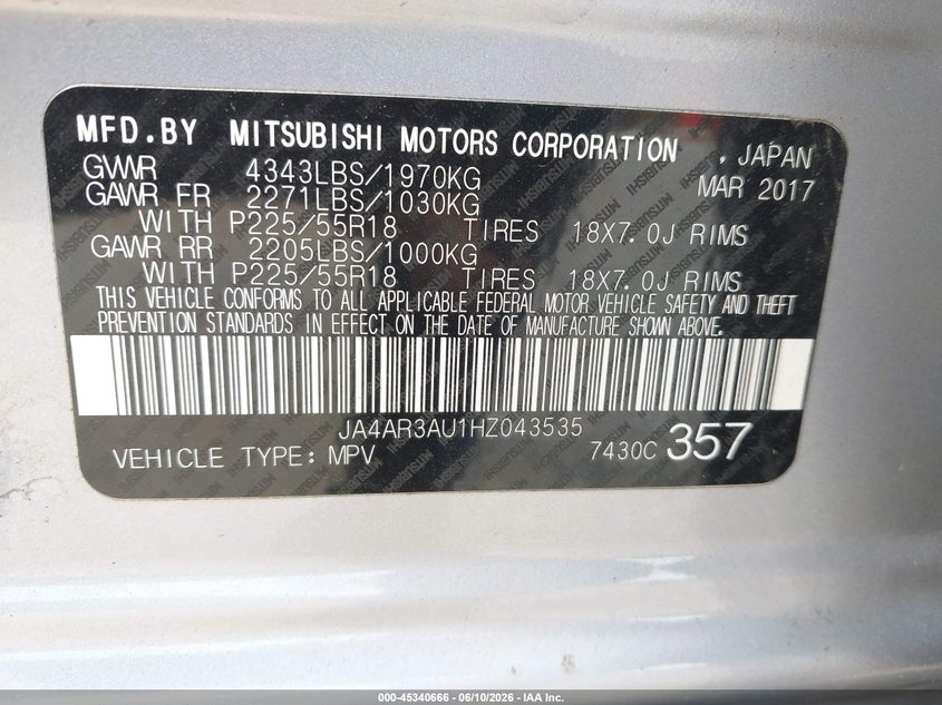 MITSUBISHI OUTLANDER SPORT 2017 VIN JA4AR3AU1HZ043535