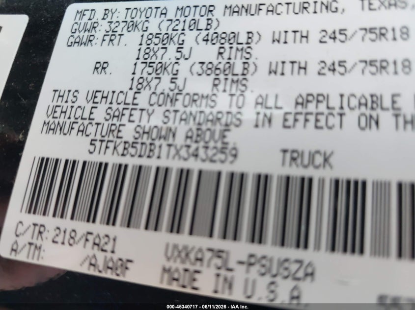VIN 5TFKB5DB1TX343259 2026 TOYOTA TUNDRA SR CREWMAX "5.5" BED