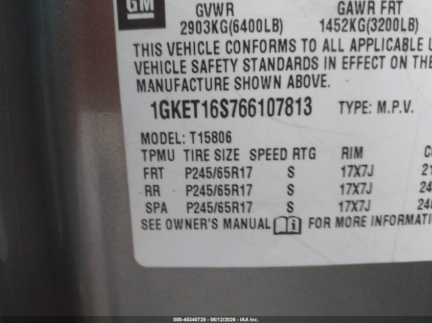 2006 GMC Envoy Xl Slt VIN: 1GKET16S766107813 Lot: 45340728