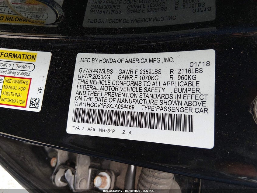 VIN 1HGCV1F3XJA094469 2018 HONDA ACCORD SPORT