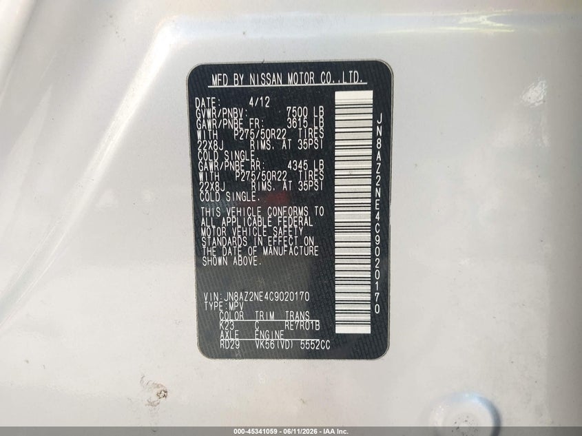 2012 Infiniti Qx56 VIN: JN8AZ2NE4C9020170 Lot: 45341059