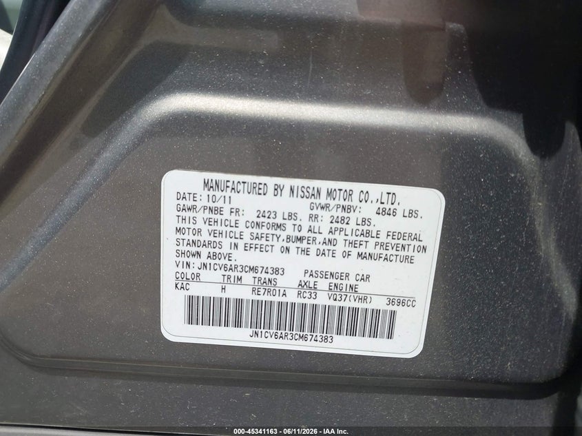 2012 Infiniti G37X VIN: JN1CV6AR3CM674383 Lot: 45341163