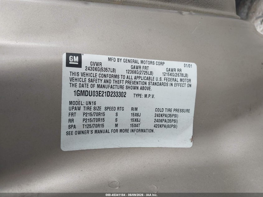 2001 Pontiac Montana N16 W/1Sa Pkg. VIN: 1GMDU03E21D233302 Lot: 45341184