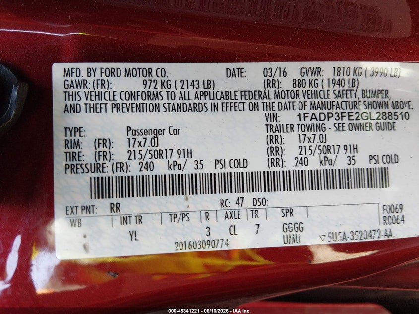 2016 FORD FOCUS SEDAN 1.0L I-3 DI, DOHC, VVT, TURBO, 123HP