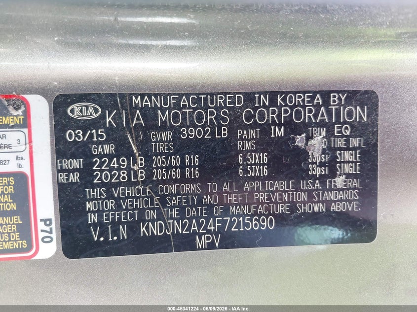 KIA SOUL 2015 VIN KNDJN2A24F7215690