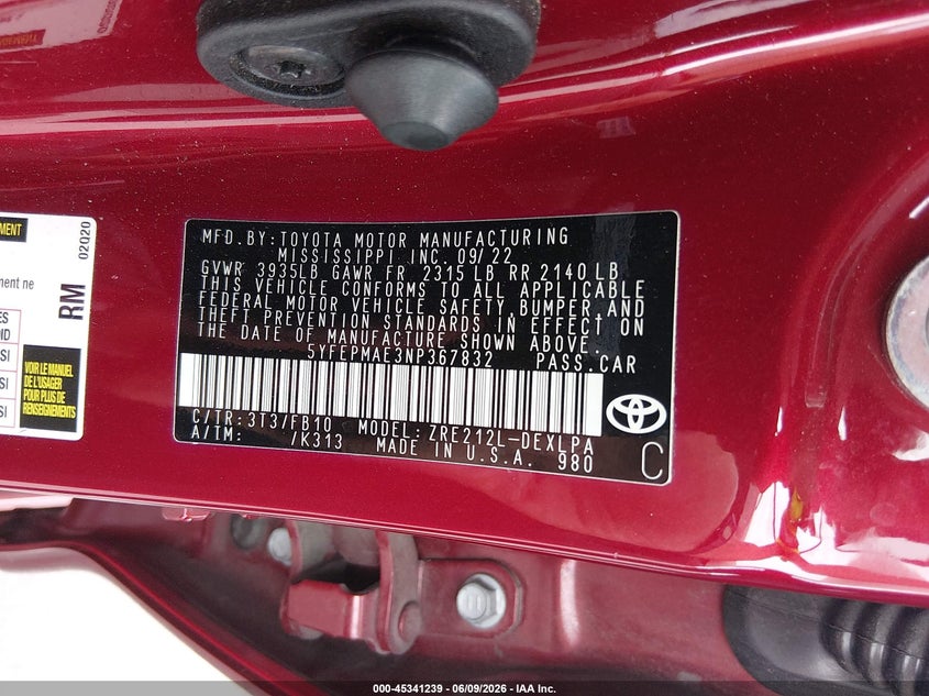 VIN 5YFEPMAE3NP367832 2022 TOYOTA COROLLA LE