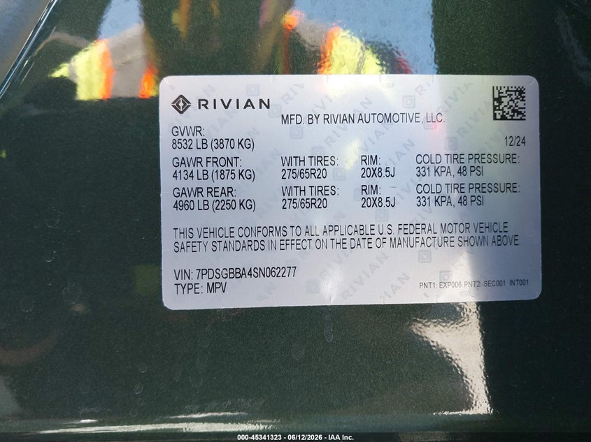 2025 Rivian R1S Adventure Dual Motor Large Pack/Adventure Dual Motor Max Pack VIN: 7PDSGBBA4SN062277 Lot: 45341323